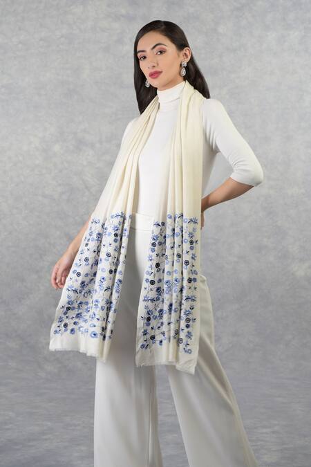 Buy_Talking Threads_White Pashmina Floral Embroidered Stole_Online_at_Aza_Fashions