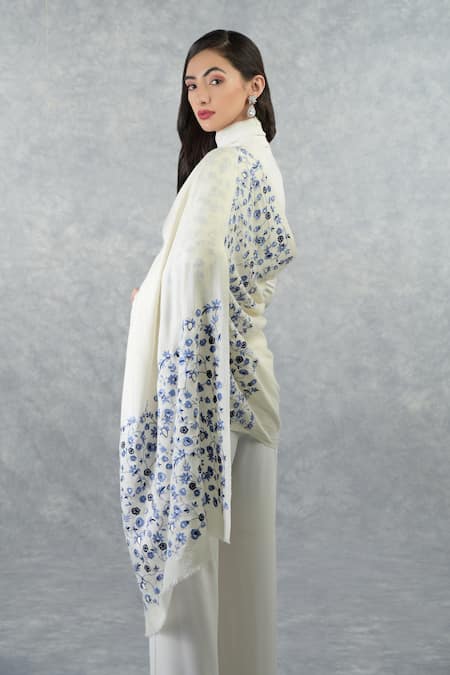 Shop_Talking Threads_White Pashmina Floral Embroidered Stole_Online_at_Aza_Fashions