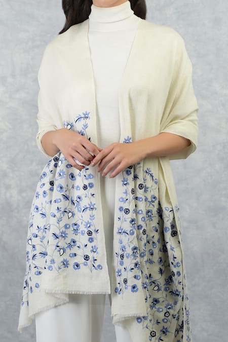 Talking Threads_White Pashmina Floral Embroidered Stole_at_Aza_Fashions