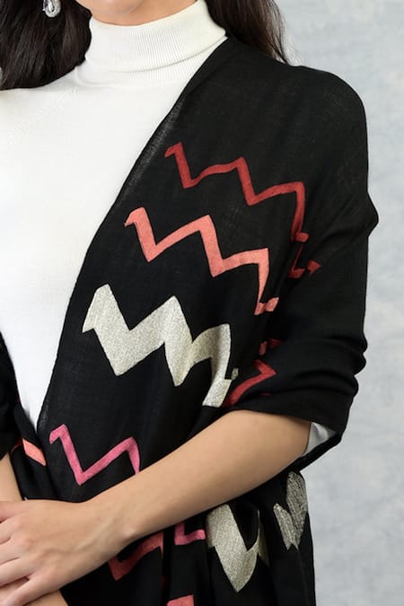 Talking Threads_Black Pashmina Embroidered Stole_at_Aza_Fashions