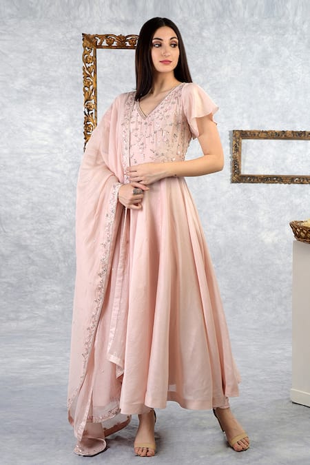 Talking Threads Pink Chanderi Silk Floral V Neck Anarkali Set 