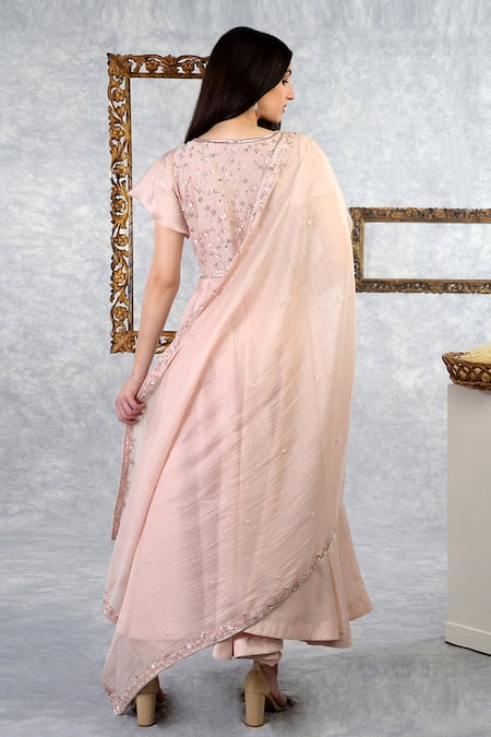 Shop Talking Threads Pink Chanderi Silk Floral V Neck Anarkali Set at Aza Fashions Shop_Talking Threads_Pink Chanderi Silk Floral V Neck Anarkali Set _at_Aza_Fashions