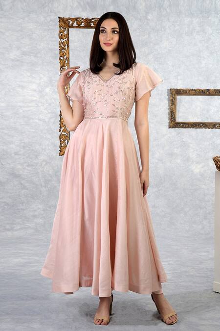 Talking Threads Pink Chanderi Silk Floral V Neck Anarkali Set Online at Aza Fashions Talking Threads_Pink Chanderi Silk Floral V Neck Anarkali Set _Online_at_Aza_Fashions