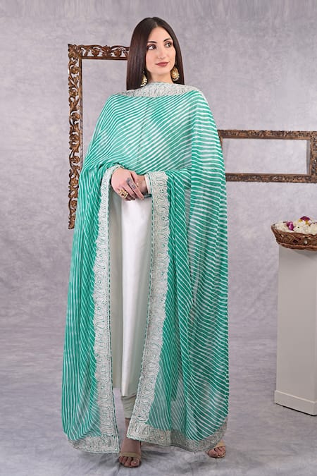 Talking Threads White Kurta And Churidar Pure Silk Set With Leheriya Dupatta  