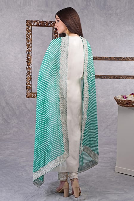 Shop Talking Threads White Dupatta Georgette, Kurta And Churidar Pure Silk Set With Leheriya at Aza Fashions Shop_Talking Threads_White Dupatta Georgette, Kurta And Churidar Pure Silk Set With Leheriya _at_Aza_Fashions
