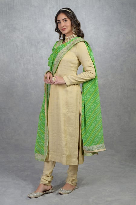 Buy_Talking Threads_Green Georgette Bandhani And Kashmiri Tilla Work Dupatta_Online_at_Aza_Fashions