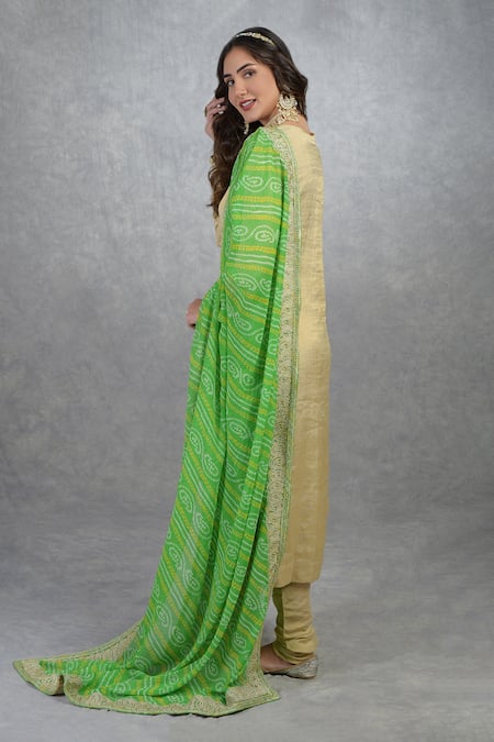 Shop_Talking Threads_Green Georgette Bandhani And Kashmiri Tilla Work Dupatta_Online_at_Aza_Fashions