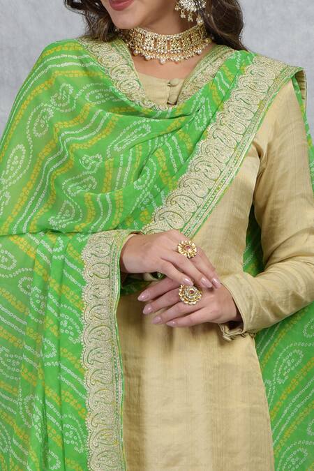 Talking Threads_Green Georgette Bandhani And Kashmiri Tilla Work Dupatta_at_Aza_Fashions
