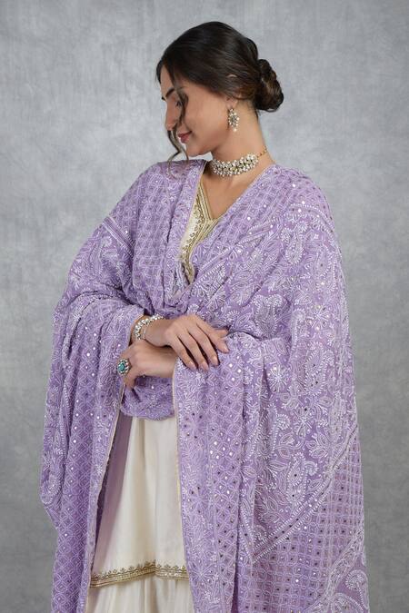 Shop Talking Threads Purple Pure Georgette Chikankari Embroidered Dupatta Online at Aza Fashions Shop_Talking Threads_Purple Pure Georgette Chikankari Embroidered Dupatta _Online_at_Aza_Fashions
