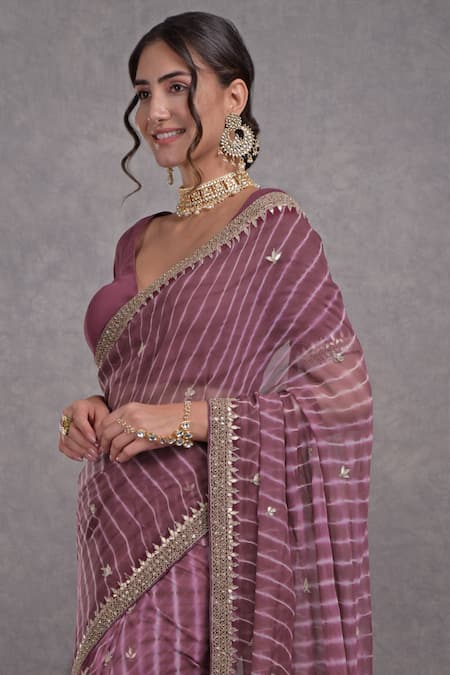 Shop_Talking Threads_Purple Leheriya Saree With Blouse_Online_at_Aza_Fashions
