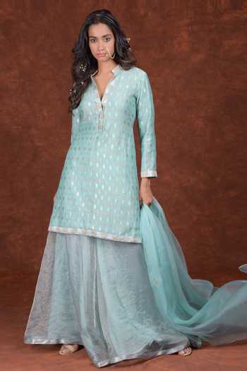 Buy Talking Threads Blue Kurta- Monga Silk Handwoven Banarasi Kurta Sharara Set at Aza Fashions Buy_Talking Threads_Blue Kurta- Monga Silk Handwoven Banarasi Kurta Sharara Set_at_Aza_Fashions