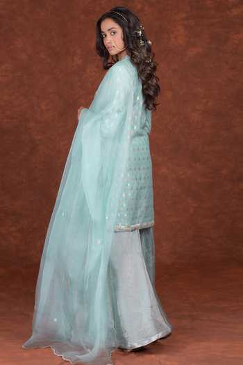 Shop Talking Threads Blue Kurta- Monga Silk Handwoven Banarasi Kurta Sharara Set at Aza Fashions Shop_Talking Threads_Blue Kurta- Monga Silk Handwoven Banarasi Kurta Sharara Set_at_Aza_Fashions