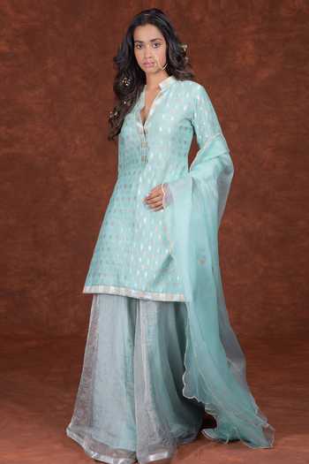Talking Threads Blue Kurta- Monga Silk Handwoven Banarasi Kurta Sharara Set Online at Aza Fashions Talking Threads_Blue Kurta- Monga Silk Handwoven Banarasi Kurta Sharara Set_Online_at_Aza_Fashions