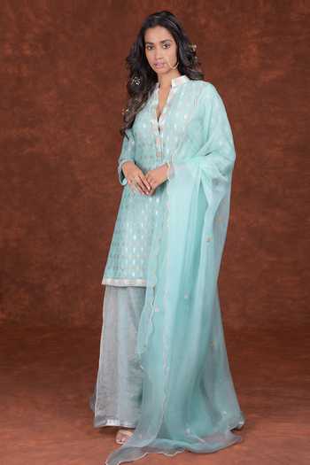 Buy Talking Threads Blue Kurta- Monga Silk Handwoven Banarasi Kurta Sharara Set Online at Aza Fashions Buy_Talking Threads_Blue Kurta- Monga Silk Handwoven Banarasi Kurta Sharara Set_Online_at_Aza_Fashions