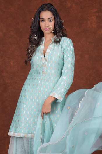 Shop Talking Threads Blue Kurta- Monga Silk Handwoven Banarasi Kurta Sharara Set Online at Aza Fashions Shop_Talking Threads_Blue Kurta- Monga Silk Handwoven Banarasi Kurta Sharara Set_Online_at_Aza_Fashions