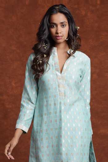Talking Threads Blue Kurta- Monga Silk Handwoven Banarasi Kurta Sharara Set at Aza Fashions Talking Threads_Blue Kurta- Monga Silk Handwoven Banarasi Kurta Sharara Set_at_Aza_Fashions