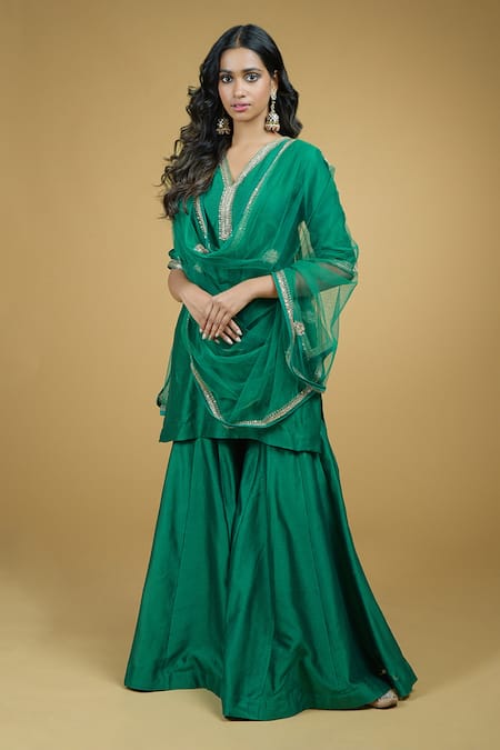 Talking Threads Green Dupatta Net, Kurta And Sharara Chanderi Silk Zardozi V Neck Set 