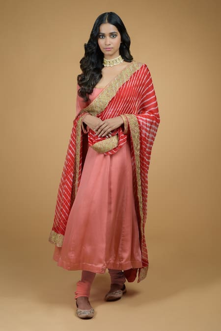 Talking Threads Orange Dupatta-chiffon, Kurtaand Pant- Modal Anarkali Set With Embroidered Dupatta 