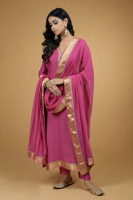 Buy Talking Threads Pink Chanderi Plain V Neck Kurta Set Online at Aza Fashions Buy_Talking Threads_Pink Chanderi Plain V Neck Kurta Set _Online_at_Aza_Fashions