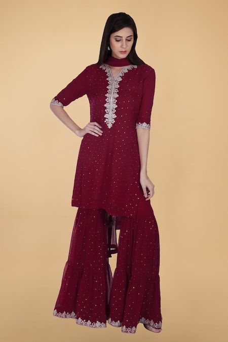 Talking Threads Maroon Georgette Mukaish, Tikka Notched Embroidered Kurta Gharara Set 