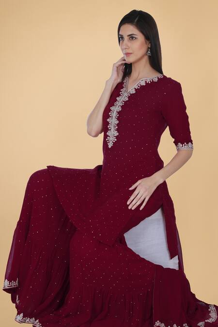 Shop Talking Threads Maroon Georgette Mukaish, Tikka Notched Embroidered Kurta Gharara Set Online at Aza Fashions Shop_Talking Threads_Maroon Georgette Mukaish, Tikka Notched Embroidered Kurta Gharara Set _Online_at_Aza_Fashions