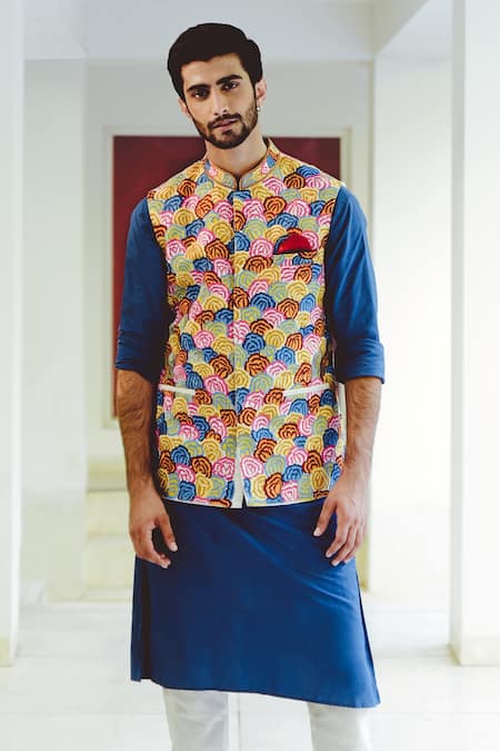 Shop Talking Threads Multi Color Pure Silk Floral, Thread Embroidered Bundi at Aza Fashions Shop_Talking Threads_Multi Color Pure Silk Floral, Thread Embroidered Bundi _at_Aza_Fashions