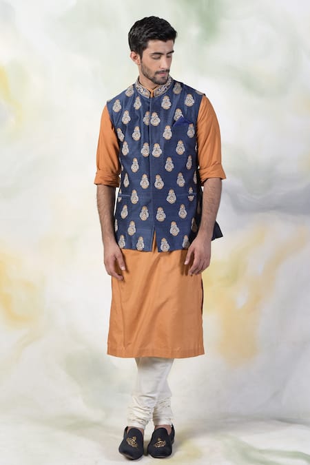 Shop Talking Threads Blue Pure Raw Silk Floral, Paisley Embroidered Bundi at Aza Fashions Shop_Talking Threads_Blue Pure Raw Silk Floral, Paisley Embroidered Bundi _at_Aza_Fashions