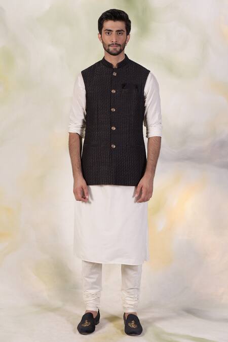 Talking Threads_Black Raw Silk Quilted Bundi_Online_at_Aza_Fashions