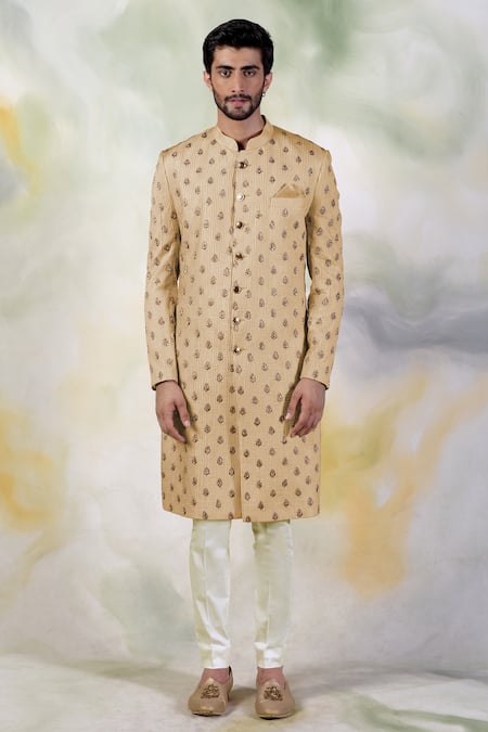 Talking Threads Gold Pure Silk Embroidery Zardozi Sherwani Set  