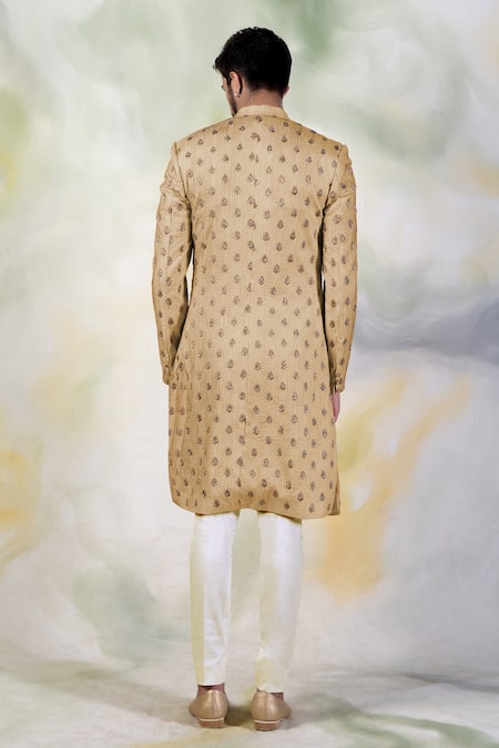 Shop Talking Threads Gold Pure Silk Crystal, Zardozi Embroidered Sherwani Set at Aza Fashions Shop_Talking Threads_Gold Pure Silk Crystal, Zardozi Embroidered Sherwani Set _at_Aza_Fashions