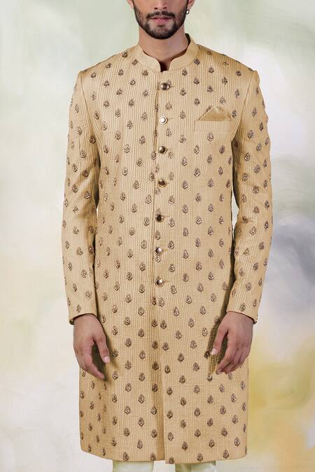 Talking Threads Gold Pure Silk Crystal, Zardozi Embroidered Sherwani Set Online at Aza Fashions Talking Threads_Gold Pure Silk Crystal, Zardozi Embroidered Sherwani Set _Online_at_Aza_Fashions