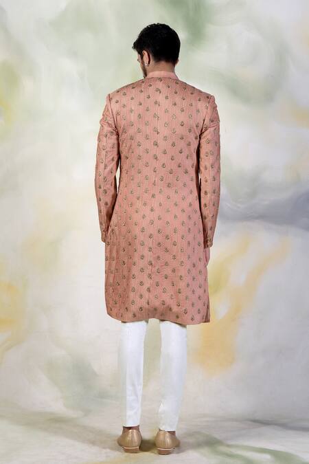 Shop Talking Threads Peach Pure Silk Crystal, Zardozi Embroidered Sherwani Set at Aza Fashions Shop_Talking Threads_Peach Pure Silk Crystal, Zardozi Embroidered Sherwani Set _at_Aza_Fashions