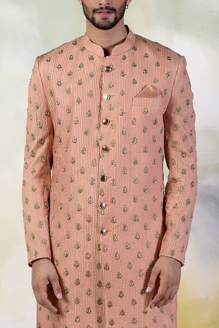 Shop Talking Threads Peach Pure Silk Crystal, Zardozi Embroidered Sherwani Set Online at Aza Fashions Shop_Talking Threads_Peach Pure Silk Crystal, Zardozi Embroidered Sherwani Set _Online_at_Aza_Fashions