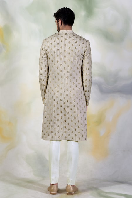 Shop Talking Threads Cream Pure Silk Crystal, Zardozi Embroidered Sherwani Set at Aza Fashions Shop_Talking Threads_Cream Pure Silk Crystal, Zardozi Embroidered Sherwani Set _at_Aza_Fashions