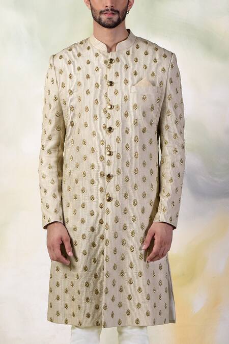 Buy Talking Threads Cream Pure Silk Crystal, Zardozi Embroidered Sherwani Set Online at Aza Fashions Buy_Talking Threads_Cream Pure Silk Crystal, Zardozi Embroidered Sherwani Set _Online_at_Aza_Fashions