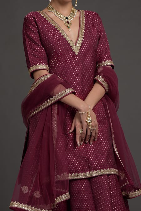 Talking Threads_Wine Dupatta Tulle, Lining Shantoon, Tunic And Lehenga Brocade Silk Sequin, Set_Online_at_Aza_Fashions