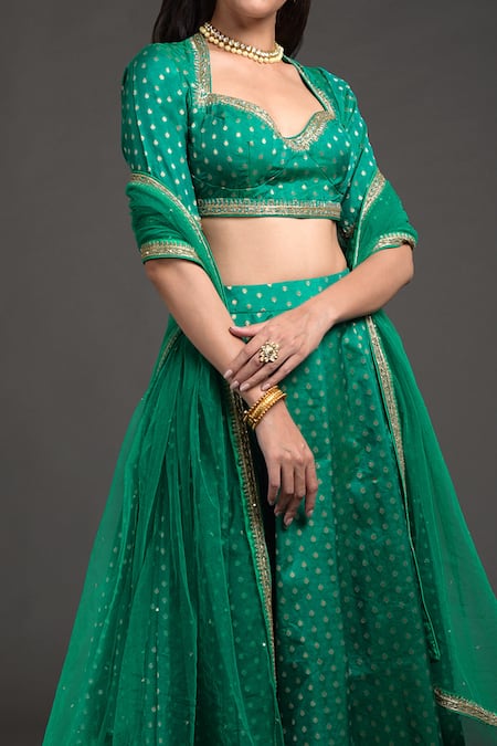 Talking Threads_Emerald Green Blouse And Lehenga Brocade , Dupatta Organza, Lining Set_Online_at_Aza_Fashions