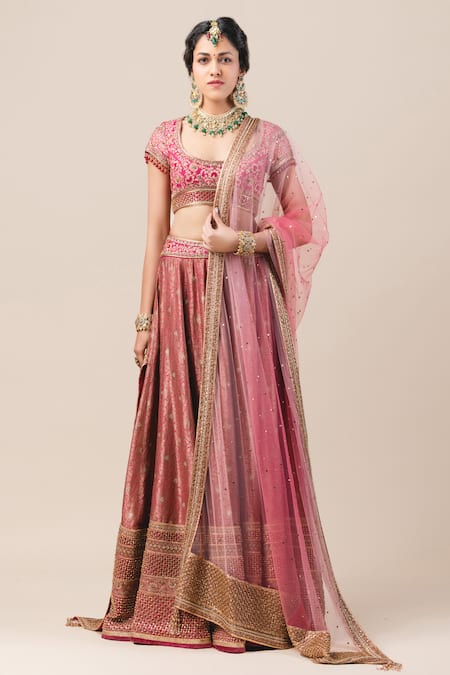Tarun Tahiliani Pink Brocade U Neck Bridal Lehenga Set 