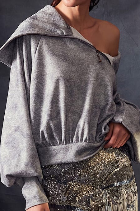 Nikita Mhaisalkar_Grey Hemp Knit Collared Neck Puff Sleeves Sweater _at_Aza_Fashions