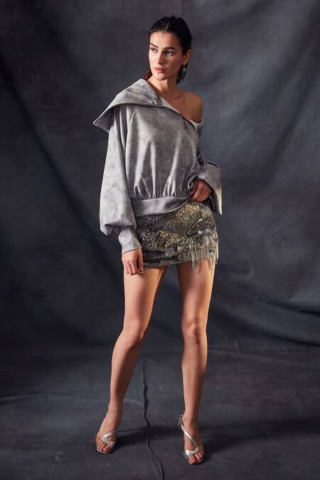 Nikita Mhaisalkar Grey Tulle Sequin And Beads Embroidered Short Skirt Online at Aza Fashions Nikita Mhaisalkar_Grey Tulle Sequin And Beads Embroidered Short Skirt _Online_at_Aza_Fashions