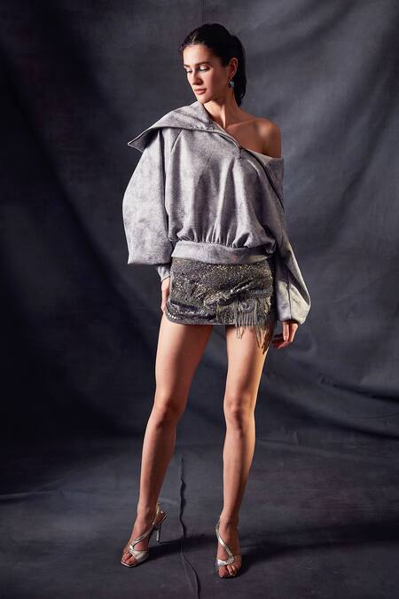 Buy Nikita Mhaisalkar Grey Tulle Sequin And Beads Embroidered Short Skirt Online at Aza Fashions Buy_Nikita Mhaisalkar_Grey Tulle Sequin And Beads Embroidered Short Skirt _Online_at_Aza_Fashions
