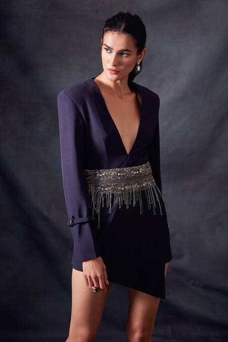 Buy_Nikita Mhaisalkar_Blue Luxe Suiting V Neck Overlapping Short Dress_Online_at_Aza_Fashions