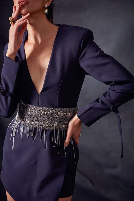 Shop_Nikita Mhaisalkar_Blue Luxe Suiting V Neck Overlapping Short Dress_Online_at_Aza_Fashions