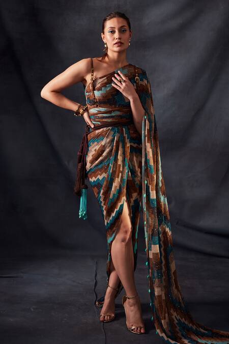 Nikita Mhaisalkar_Multi Color Sequin Pure Georgette Grid Print Asymmetric Work Draped Saree _Online_at_Aza_Fashions
