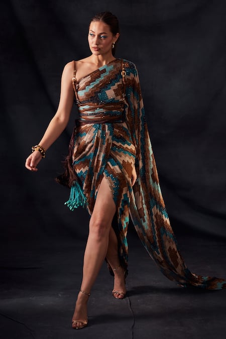 Buy_Nikita Mhaisalkar_Multi Color Sequin Pure Georgette Grid Print Asymmetric Work Draped Saree _Online_at_Aza_Fashions