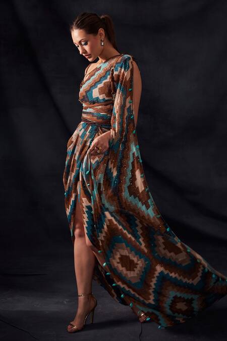 Shop_Nikita Mhaisalkar_Multi Color Sequin Pure Georgette Grid Print Asymmetric Work Draped Saree _Online_at_Aza_Fashions