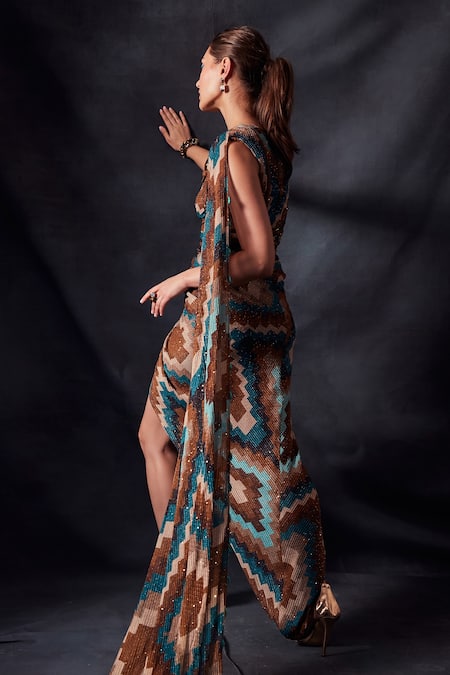 Nikita Mhaisalkar_Multi Color Sequin Pure Georgette Grid Print Asymmetric Work Draped Saree _at_Aza_Fashions