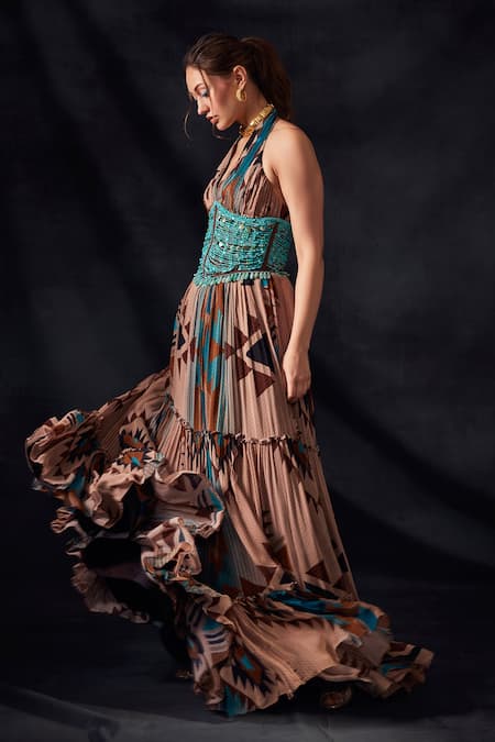 Nikita Mhaisalkar Beige Pure Georgette Tapis V Neck Print Dress Online at Aza Fashions Nikita Mhaisalkar_Beige Pure Georgette Tapis V Neck Print Dress _Online_at_Aza_Fashions