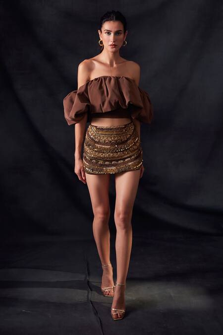 Nikita Mhaisalkar Brown Tulle Embroidered Skirt Online at Aza Fashions Nikita Mhaisalkar_Brown Tulle Embroidered Skirt _Online_at_Aza_Fashions