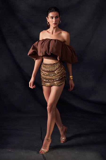 Shop Nikita Mhaisalkar Brown Tulle Embroidered Skirt Online at Aza Fashions Shop_Nikita Mhaisalkar_Brown Tulle Embroidered Skirt _Online_at_Aza_Fashions